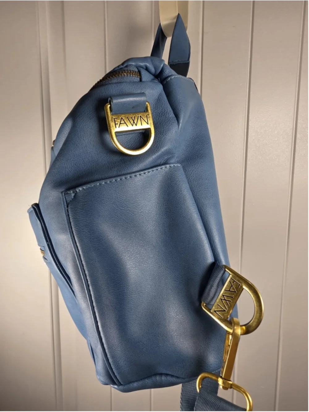 Fawn Design Original Bluebell Diaper Bag Backpack Vegan Leather Blue Gold